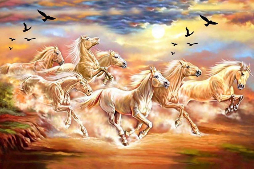 Lucky Horses Wall Sticker|Seven White Horses Running at Sunrise Sticker  Poster |Wall Decor|Poster for Living Area/Corridors/Entrance |Self Adhesive  Paper Wall Sticker Poster Paper Print - Animals posters in India - Buy art,