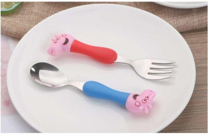 Cutlery Multicolor Peppa Pig Theme Stainless Steel Baby Feed Spoon and Fork Set 