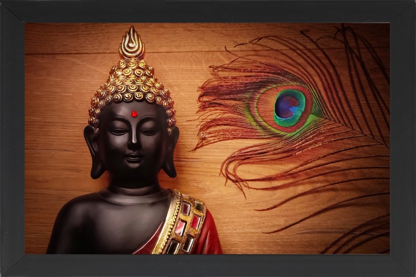 FRIZZY ARTS gautam buddha framed painting | 3D illustration | Buddha statue  with wooden background and peacock featherwallpaper image with peacock  feather and smiling buddhapeaceful image of buddha meditating with wooden  backdrop