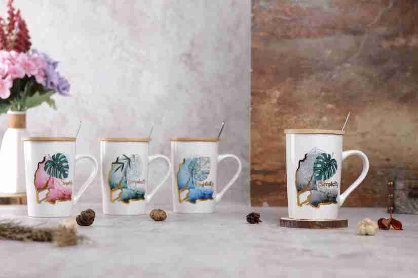 Satyam Kraft 1 pcs Random Leaf Design Cup with Lid, Stainless Steel Spoon  for Girls, Women Ceramic Coffee Mug Price in India - Buy Satyam Kraft 1 pcs  Random Leaf Design Cup