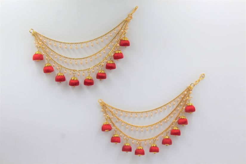 Buy Gold Toned Pink Handcrafted Metal Kundan Earrings with Hair Chain   FEMNW028FEMI1  The loom