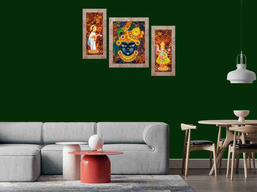 Indianara Set of 3 Lord Shrinathji,Yamunaji and Mahaprabhuji Framed Art  Painting (2459MR) without glass (6 X 13,  X 13, 6 X 13 INCH ) Digital  Reprint 13 inch x  inch
