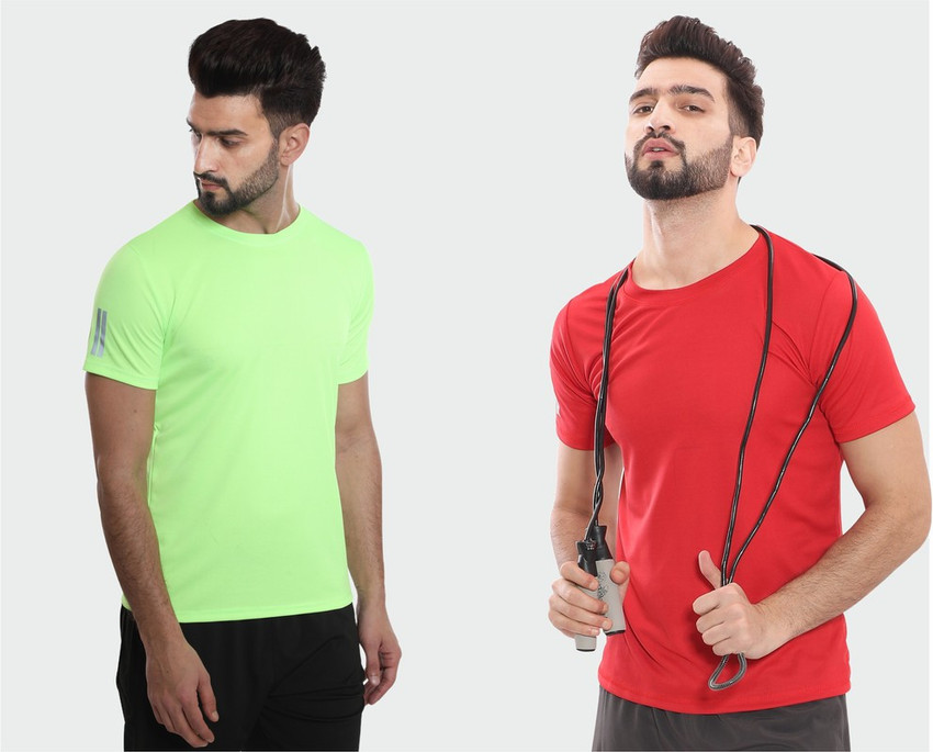 Solid Men Dark Green, Red T-Shirt Price 