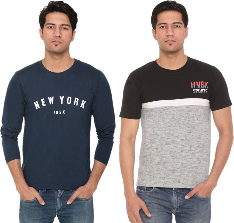 Buy HVBK Printed Men Round Neck Blue 