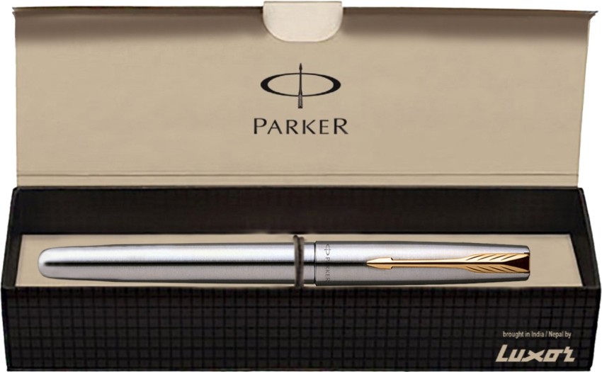 GOLD TRIM FOUNTAIN PEN GENUINE PARKER FRONTIER STAINLESS STEEL GIFT BOX 