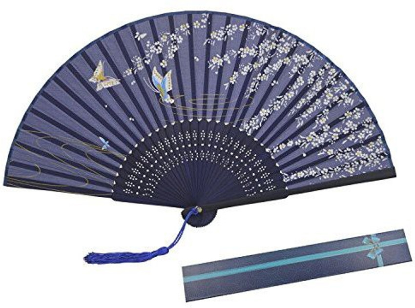 Wisteria Flower and Butterfly Design Japanese Bamboo Silk Fan Blue Color Wisteria Flower and Butterfly Design Japanese Bamboo Silk Fan Blue Color