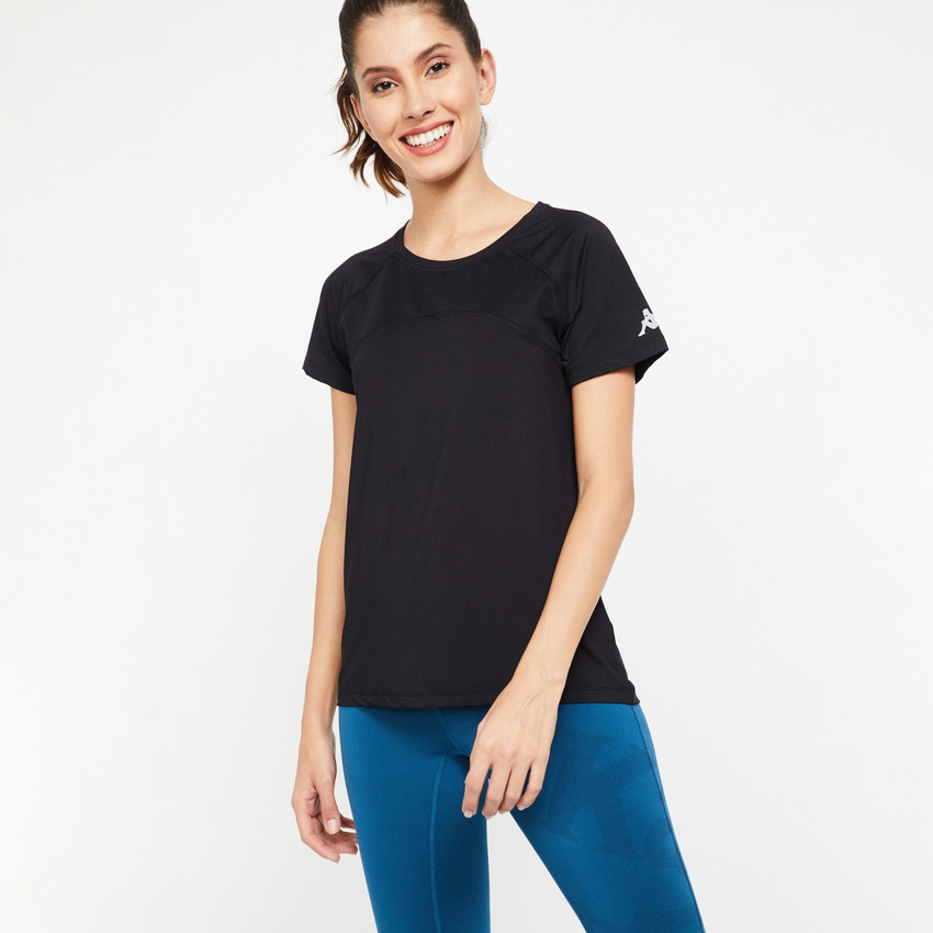 Kappa Solid Women Round Neck Black T 