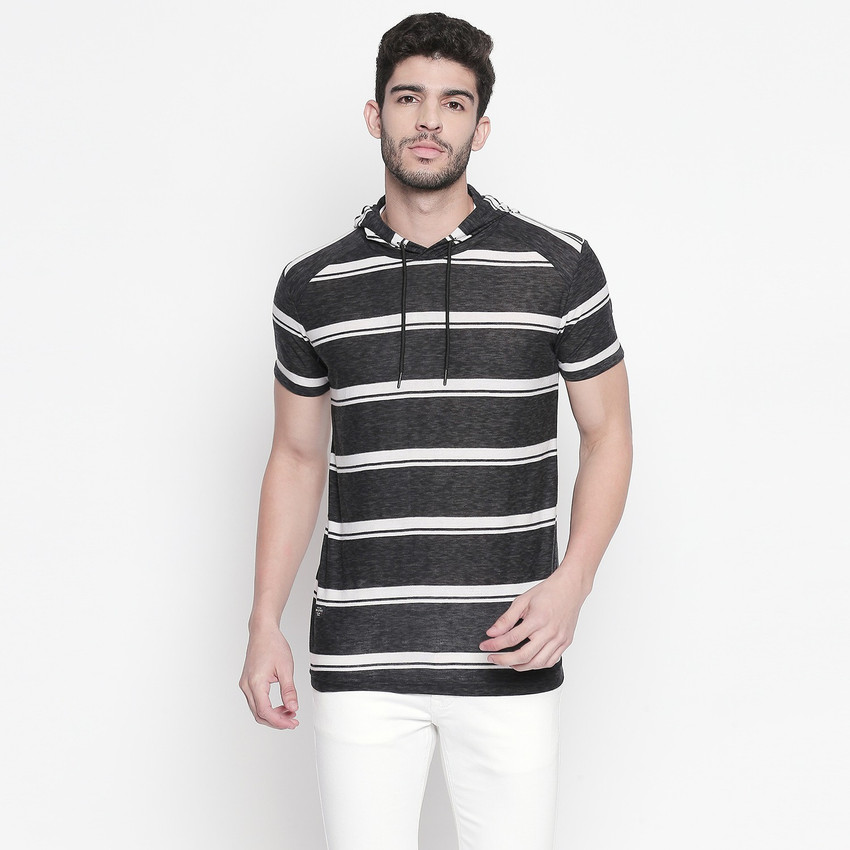 MUFTI Striped Men Hooded Neck Black T 
