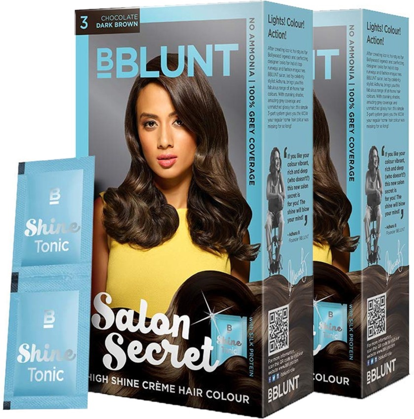 BBlunt Salon Secret High Shine Creme Hair Colour Dark Brown 3, (2 x 100g)  with Shine Tonic 8ml , Dark Brown 3, - Price in India, Buy BBlunt Salon  Secret High Shine