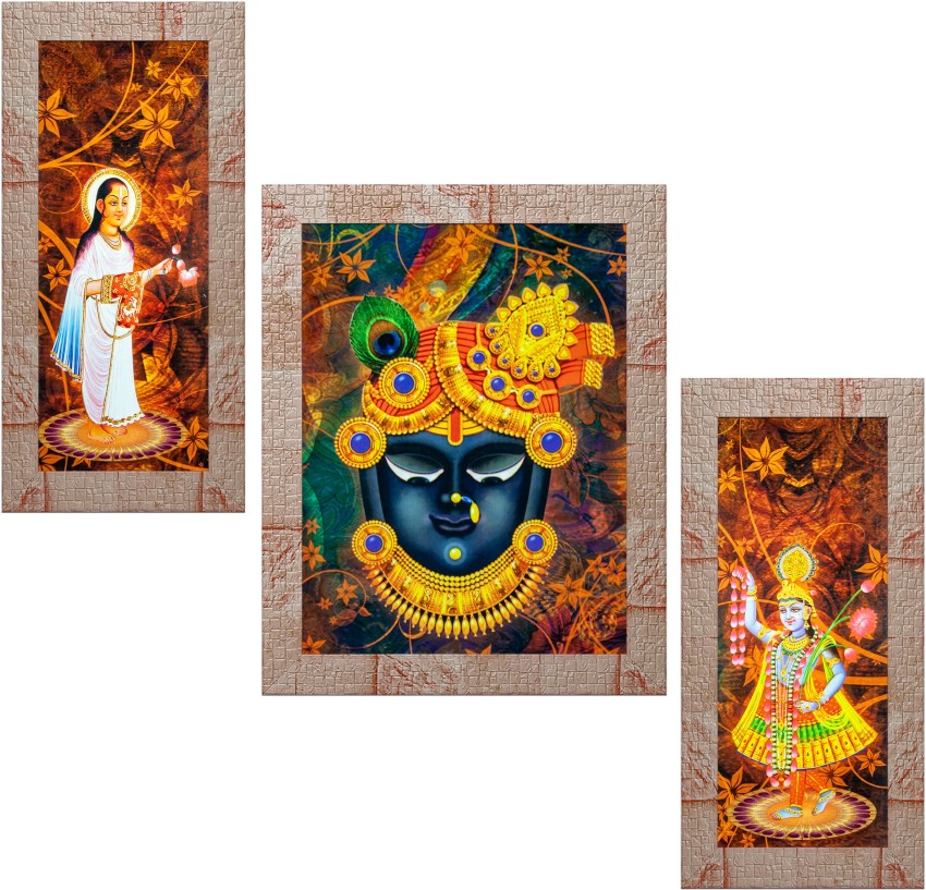 Indianara Set of 3 Lord Shrinathji,Yamunaji and Mahaprabhuji Framed Art  Painting (2459MR) without glass (6 X 13,  X 13, 6 X 13 INCH ) Digital  Reprint 13 inch x  inch