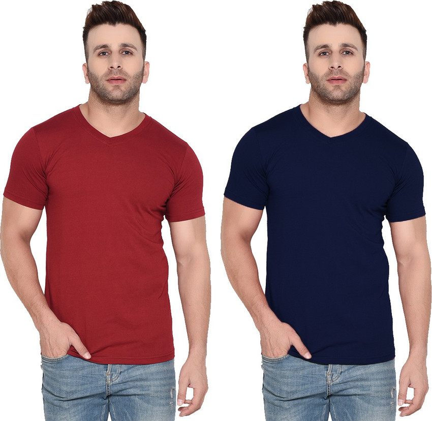 Buy Solid Men Maroon, Dark Blue T-Shirt 