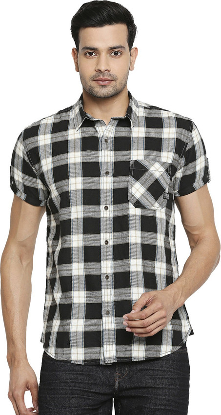MUFTI Men Checkered Casual Black Shirt 