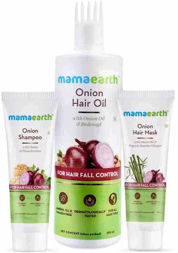 MamaEarth No More Hair Fall Kit Onion Hair Oil (250 ml) + Onion Hair Mask  (25 g) + Onion Shampoo (25 ml) Price in India - Buy MamaEarth No More Hair  Fall Kit Onion Hair Oil (250 ml) + Onion Hair Mask (25 g) + Onion Shampoo  (25 ml) online at