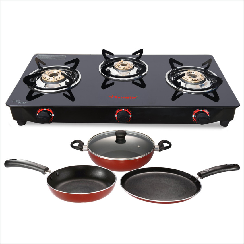 butterfly rapid 3 burner glass manual gas stove price