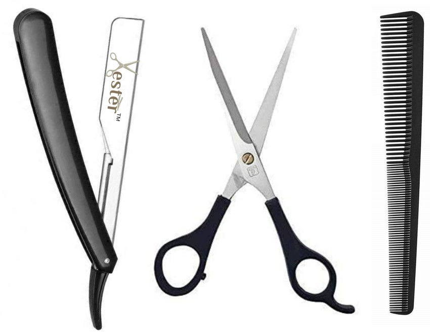 Xester Professional Hair Cutting Kit at Home - Barber Hair Cutting Scissors , Stainless Steel Plastic handle Folding Razor (Black), Styling Salon Barber Carbon Anti static Hair Cutting Styling Comb for men Xester Professional Hair Cutting Kit at Home - Barber Hair Cutting Scissors , Stainless Steel Plastic handle Folding Razor (Black), Styling Salon Barber Carbon Anti static Hair Cutting Styling Comb for men