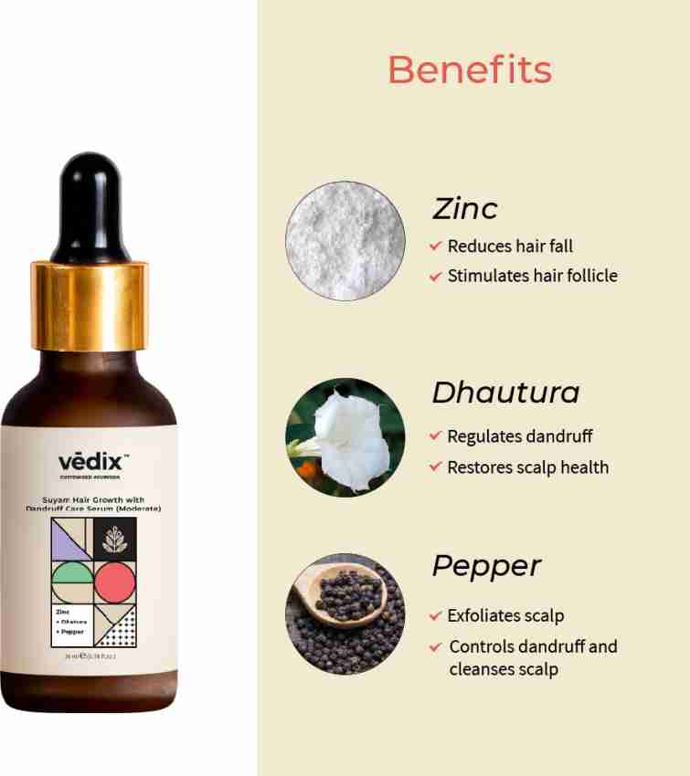 Vedix Customised Ayurvedic Hair Serum | Suyam Hair Growth with Dandruff  Care Serum | For Moderate Dandruff | With Zinc + Dhatura + Pepper | For Hair  growth |30ml - Price in