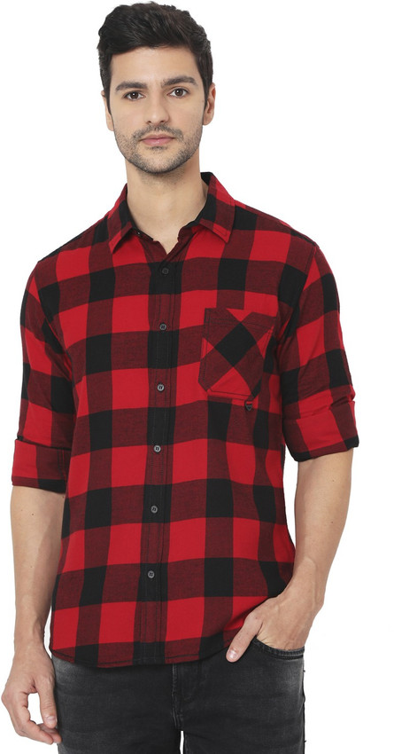 MUFTI Men Checkered Casual Red Shirt 