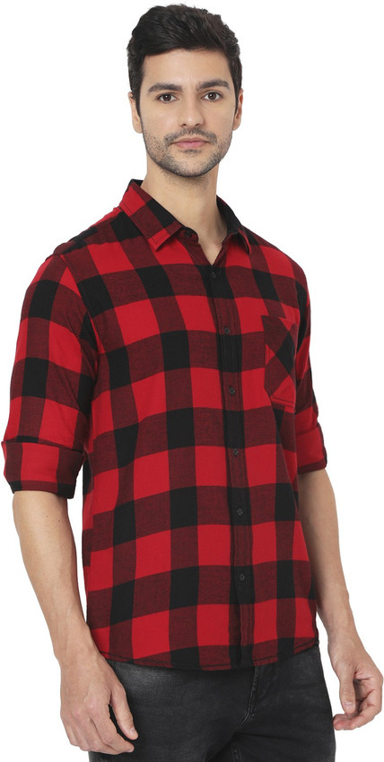 MUFTI Men Checkered Casual Red Shirt 