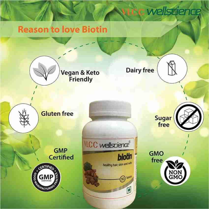 Vlcc Wellscience Biotin for healthy hair, skin & nail - 90 tablets Price in  India - Buy Vlcc Wellscience Biotin for healthy hair, skin & nail - 90  tablets online at 