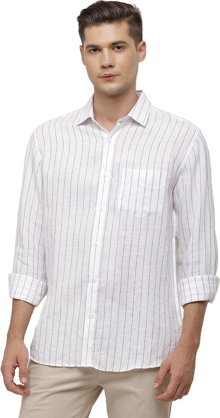 Linen Club Men Striped Casual White 