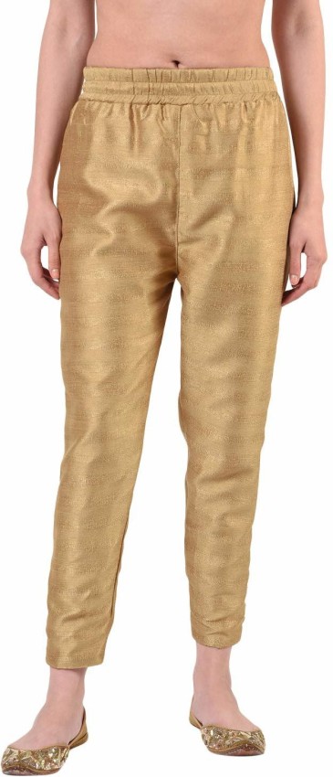 Women Solid Gold Mid Rise Shiny Pants