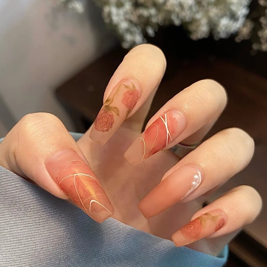 SECRET LIVES Artificial nails extension with glue sheet matte redish orange  rose with white pearls - Price in India, Buy SECRET LIVES Artificial nails  extension with glue sheet matte redish orange rose