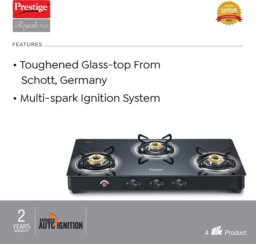 prestige royale 3 burner glass top gas stove