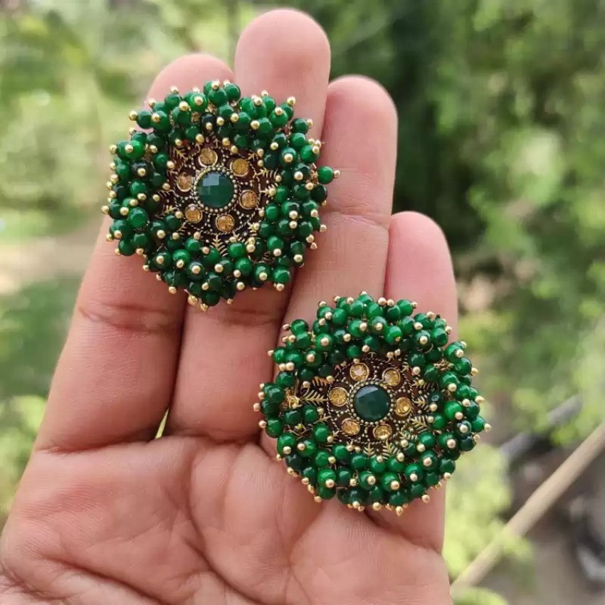 Buy Silk Jhumkas in Peacock blue with a Peacock Stud Online in India   Khushi Handicrafts