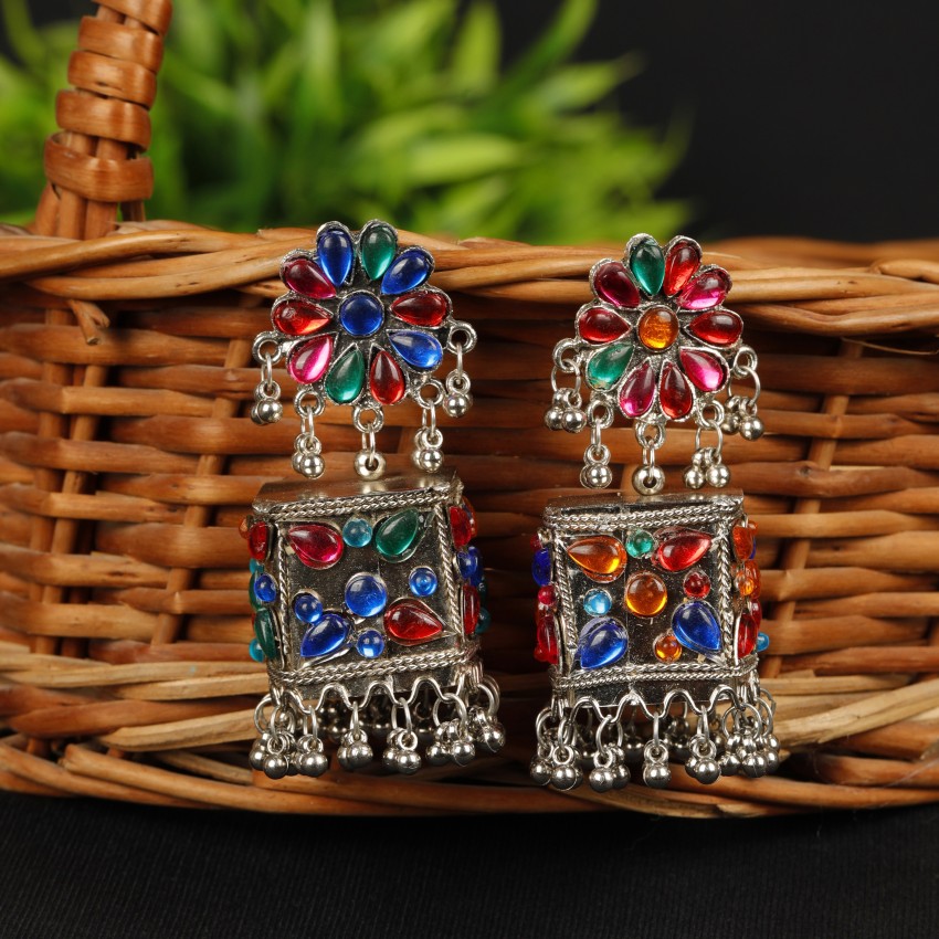 Get Oxidized Silver Plated Multicolour Stone Traditional  Ethnic Square  Stud Earring at  530  LBB Shop