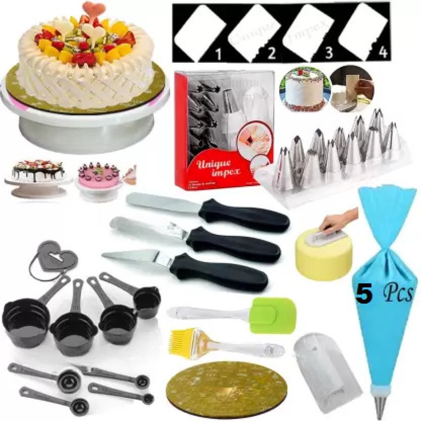 Unique Impex Easy Rotate Cake Turntable + Cake Smoother + 6 Pcs Multi-Color  Measuring Spoon + Silicone Spatula and Brush Set + 4 Pcs Scraper set + 12  Piece Cake Decorating Set