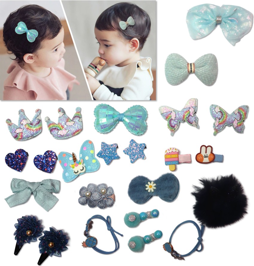 VAGHBHATT Baby Girl's Hair Clips Cute Hair Assorted Flower Bows Baby  Elastic Hair Ties Hair Accessories Ponytail Holder Hairpins Set for Girls  Toddlers, Assorted styles (Blue) 24 Pieces hair combo Price in