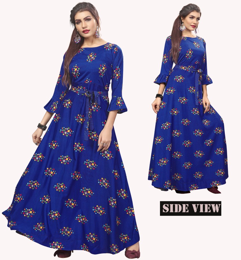 Buy Vishudh Sky BlueGold Printed ALine Dress for Women Online at Rs729   Ketch