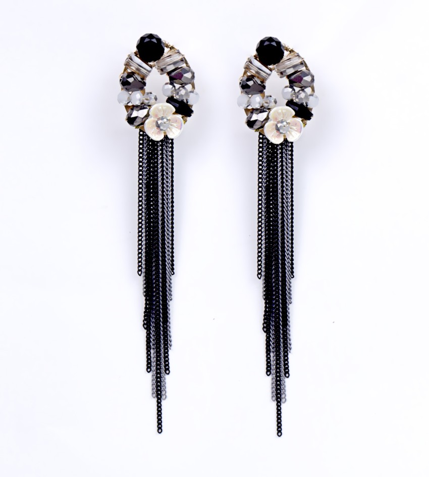 Indo Western Black Beads Drop Earring in 925 Serling Silver