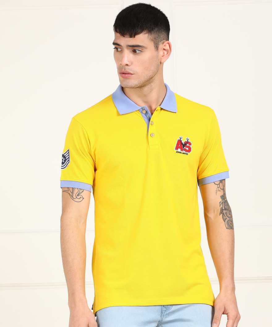 For 630/-(52% Off) Allen Solly Jeans Solid Men Polo Neck Yellow T-Shirt at Flipkart