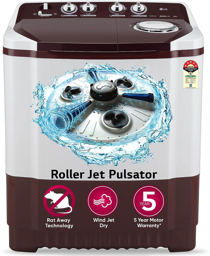 Lg 8.5 Kg 5 Star With Roller Jet Pulsator With Soak, Wind Jet Dry And Collar Scrubber Semi Automatic Top Load Washing Machine Maroon, White Flipkart Deal