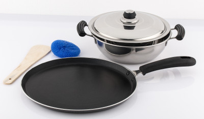 Mahavir Stainless Steel Induction Base Kadai - 220mm With Non Stick Induction Base Dos Tawa 260 Mm Induction Bottom Cookware Set(Stainless Steel, 3 - Piece)