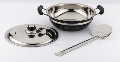 Mahavir Stainless Steel Induction Base Black Color Kadai - 240mm With Frying Jara Cookware Set (Stainless Steel, 2 - Piece)