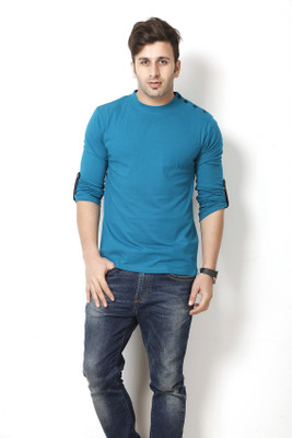 Gritstones Solid Men's Round Neck Blue T-Shirt