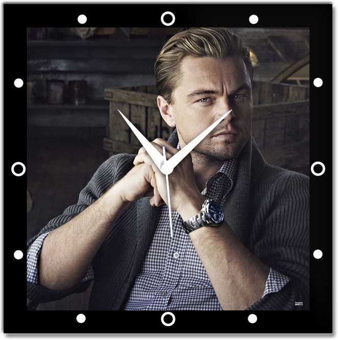 Image of a clock with Leonardo Di Caprio's face printed on it.